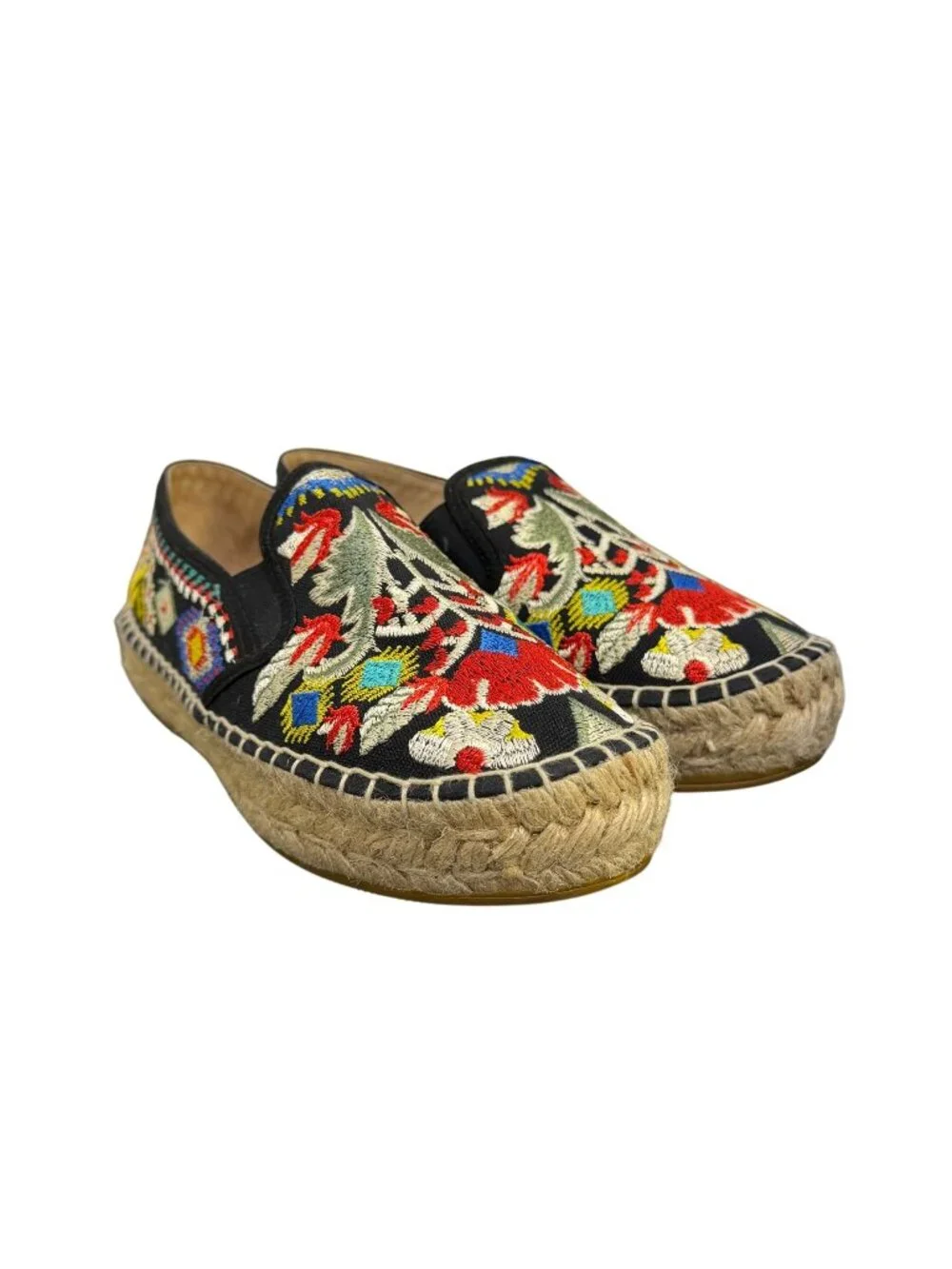 Johnny Was Embroidered Espadrille Shoes Black Multi Floral Size 6.5